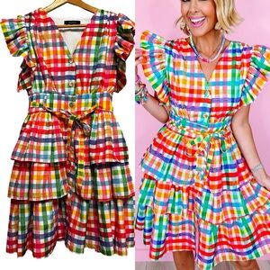 BEULAHSTYLE Gingham Colorful Ruffle Tiered Button Front Dress Size Small Rainbow